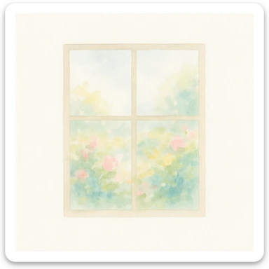 Add a window with a lush garden view in the background, keeping the Monet-inspired impressionist watercolor style, 4:3 aspect ratio, soft pastel colors, vibrant garden scene outside the window. sticker