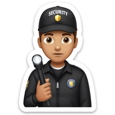 A vigilant male security guard wearing a black jacket, a baseball cap the word ‘SECURITY’  on it, He holds a flashlight , no police uniform, no badge sticker