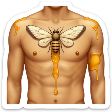 close up male torso with honey gloss drip nd moths nearby sticker