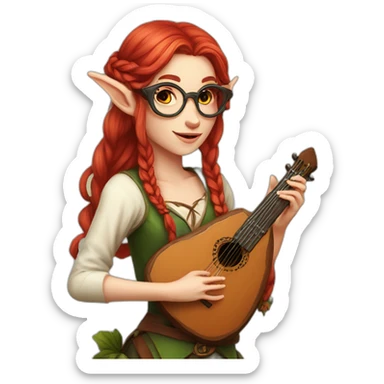 female elf bard red long hair  with braid glases lute sticker