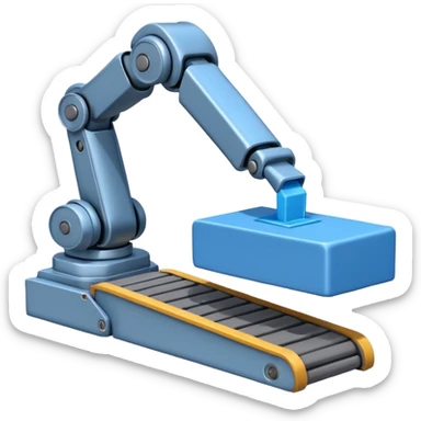 robot arm which is picking blue block on conveyor belt sticker