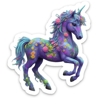 Zombie Pegasus unicorn psychedelic flowers floral groovy art neon rave raving sticker