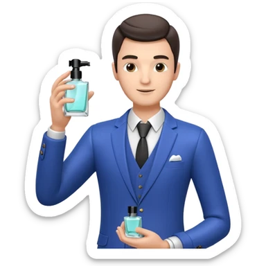 stylish man spraying perfume, holding a perfume bottle, mist spray in the air, elegant pose, 3D cartoon, mobile game icon style, clean background, no text, no watermark

 sticker