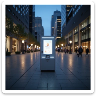 realistic depiction of the CityScent air freshener machine in the middle of a city square at nightfall, city lights reflecting on the pavement, modern architecture, no people, focus on the machine sticker