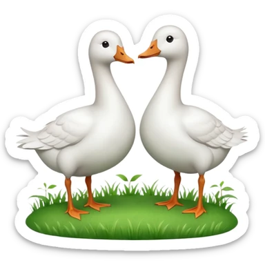 white geese standing on a small green hill, front view, foggy sticker