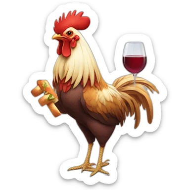 Rooster hanging a baguette under his wing and a glass of wine under the other wing sticker