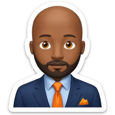 headshot of a sophisticated, stylish, bald head, beedi eyes Caribbean black man with a beard and goatee in a navy blue suit, orange tie sticker