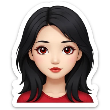 Asian girl with very long shaggy black hair, big dark brown eyes. middle part hair. long lower lashes, cheekbones with red blush. big dimples. simple dark makeup.  sticker