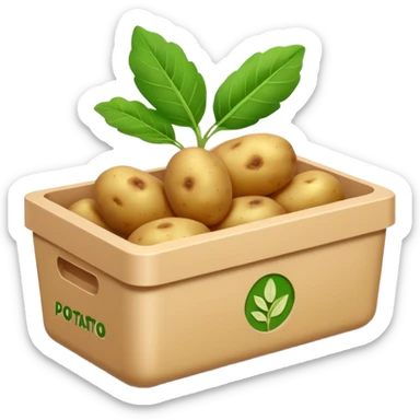 potato starch box, rectangular, beige or pale yellow, clean edges, potato illustration, green leaves or earthy tones, 'POTATO STARCH' in bold brown or orange, smooth glossy, minimal, clean 3D, soft shadows, transparent background, emoji scale sticker