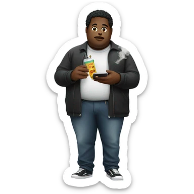 Fat Black guy smoking a vape and eating sticker