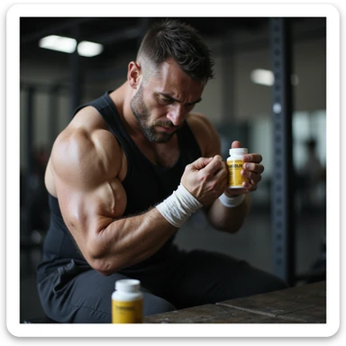 Powerlifter in gym, wrapping painful wrist, discomfort expression, bottle of Stanozololo in background, realistic details, fatigue atmosphere, weight room background sticker