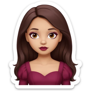 a light skin girl with long brunette hair. with dark brown eyes and slightly slanted. wear a doll like make-up with maroon dress.  sticker