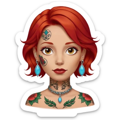 red hair woman with extra  big earring and face tattoed sticker