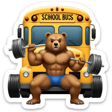 bear bench pressing a school bus  sticker