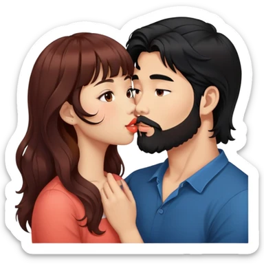 handsome asian man with black hair and beard, kissing cute tan skin woman with long wavy reddish brown hair with bangs and coral lipstick sticker