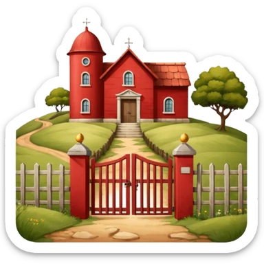A fenced red house on a small hill with a large entrance gate bearing the inscription “Gosteli Archive,” with a farmhouse in the background. sticker