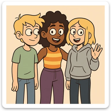 A boy dark yellow hair light green t-shirt white lightfo blue jeans girl brown skin black hair hairstyle curly hair yellow orange stripes top purple trousers girl yellow hair light grey hoodie dark blue jeans a hand hello  sticker