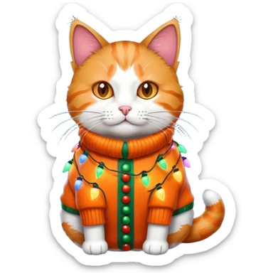cat wearing a christmas sweater wrapped in christmas lights sticker