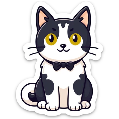 Female Tuxedo domestic short hair, more white than black similar to a cow, green/gold eyes sticker