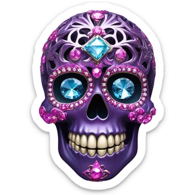Realistic isolated metallic ornate dark purple,magenta,light blue,and hot pink filigree skull decorated with shiny diamonds and rhinestones.  sticker