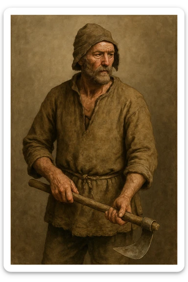 a real peasant, medieval European, worn tunic, holding a farming tool, earthy tones, realistic illustration sticker
