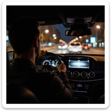 Mercedes E63 2024, driver's perspective from inside, left hand on wheel, night, Bucharest city lights, motion blur, city traffic ahead, photorealistic sticker