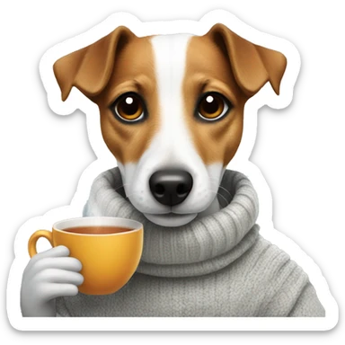 Jack russel wearing a jumper drinking tea sticker