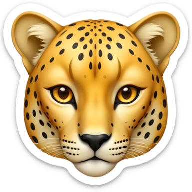 Cinematic Noble Cheetah Portrait Emoji, Poised and regal, with a lean, muscular build and a sleek, spotted Fur of golden hues, deep-set soulful amber eyes, Simplified yet sharp and sophisticated features, highly detailed, glowing with a warm, dignified glow, high shine, intelligent and swift, stylized with an air of wild elegance, focused and attentive, soft glowing outline, capturing the essence of a watchful and confident predator, so majestic it feels as though it could sprint out of the screen with effortless authority! sticker