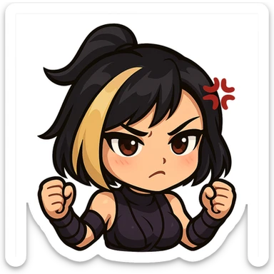 Sexy chibi ninja girl with black short hair and a blonde streak, only head and arms, colorful chibi style with bold outlines, transparent background, no mask, annoyed expression with furrowed brows and a small anger vein on forehead, sized for Twitch emoji use. sticker