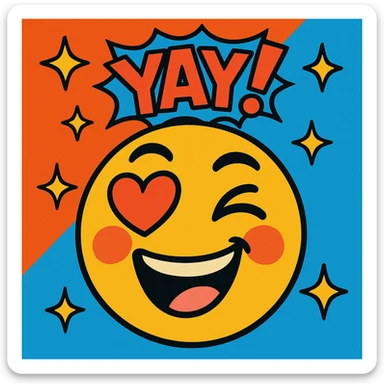 Add stars and a comic-style 'YAY!' text to the vibrant toon face with heart eyes, raised eyebrows, playful wink, blushing. sticker