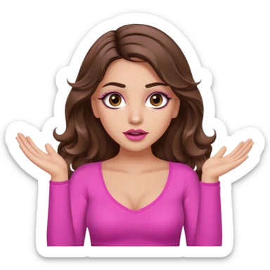 girl with long wavy brown hair, brown eyes, long lashes makeup, sexy pink lips, light to medium complexion, pink sexy top, two hands up, shrugging, confused sticker