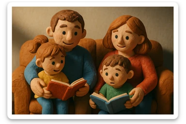 children with their parents, family reading books together sticker