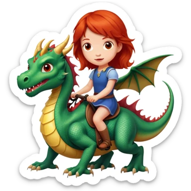 Red headed little girl riding a dragon  sticker