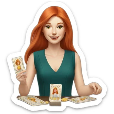 redhead white woman medium long straight hair, celebrating graduation with tarot cards sticker