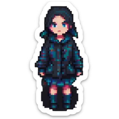 girl feeling cold, pixel art style sticker
