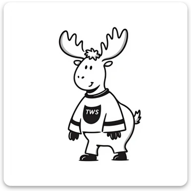a hand-drawn doodle style moose with a 'TWS' hockey jersey sticker
