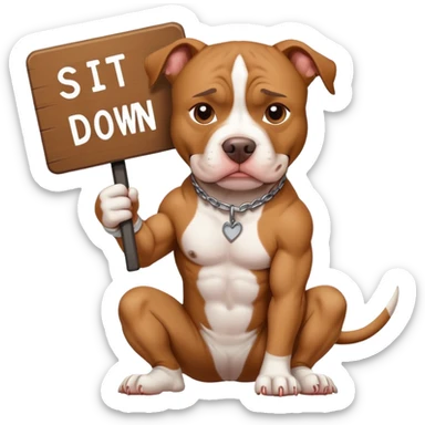 Pit bull holding a sign that says SIT DOWN sticker
