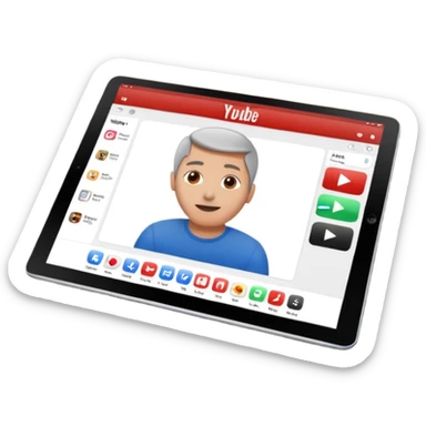 An iPad lying on a desk. On the iPad screen, a YouTube video is playing. The video shows a man talking to camera. The YouTube interface is visible with play bar and title. sticker