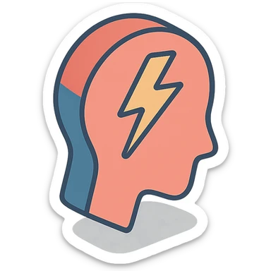 silhouette of a head with a lightning bolt passing through the temple area symbolizing headache, clear shadows and highlights, 2D isometric style sticker
