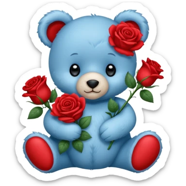 cute blue baby teddy bear holding roses  sticker