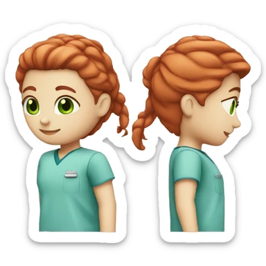 white skin red straight hair green eyes blue scrubs  sticker