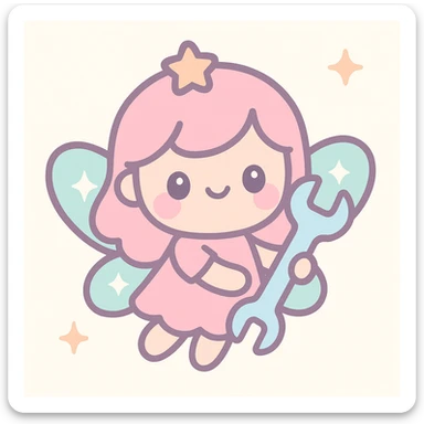 a cute pink fairy with sparkly wings, holding a wrench, kawaii style sticker