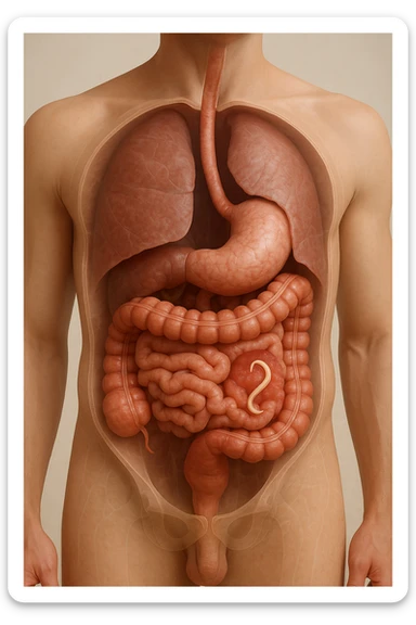 a 3D cutaway view of the human digestive tract, showing an Anisakis larva attached to the intestinal wall. in a man sticker
