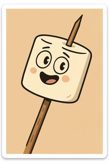 cute marshmallow skewered on a wood stick, cartoon style sticker