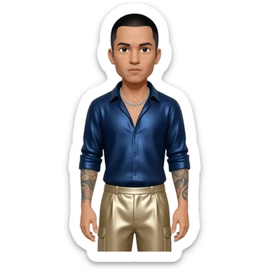 Chino Moreno with black hair, navy blue metallic shirt, beige metallic baggy pants, silver necklace sticker