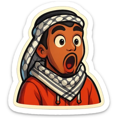 cartoonish, bold, vibrant emoji-style sticker of Ara, an Arab young man with medium brown skin, black hair, wearing casual urban Middle Eastern streetwear like a keffiyeh scarf or hoodie, making a dramatic gasp with wide eyes and open mouth sticker