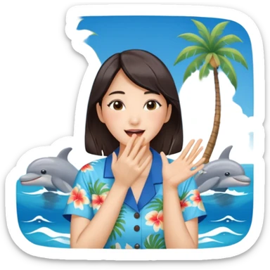 들뜬 표정의 20대 한국 여자, 여름 옷차림, 두 손으로 입을 감싸 “괌 가자~” 외치는 포즈. 민트색 배경, 밝고 유쾌한 광고 포스터 느낌,

옷이 더 하와이안 셔츠였음 좋겠어

멀리 있는 사람을 부르는 것처럼 

배경이 바다였음 좋겠어 약간 야자수랑 돌핀도 있고

멀~리 있는 사람을 부르는 손! sticker