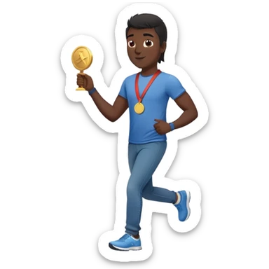 friendly anthropomorphised black stallion in jeans and a t-shirt, jogging upright in standard pose, holding a medal sticker