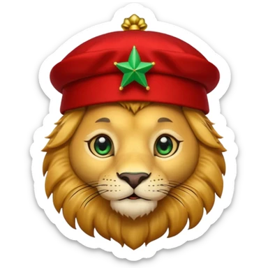 Cute lion face emoji with golden fur, big round eyes, and a friendly expression. Wearing a red Moroccan fez hat with a green star on the front and a small black tassel on the side sticker