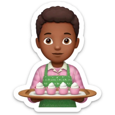 A young black vendor boy with pink cheeks, holding a tray of marshmallow-topped cocoa wearign green patterned apron sticker